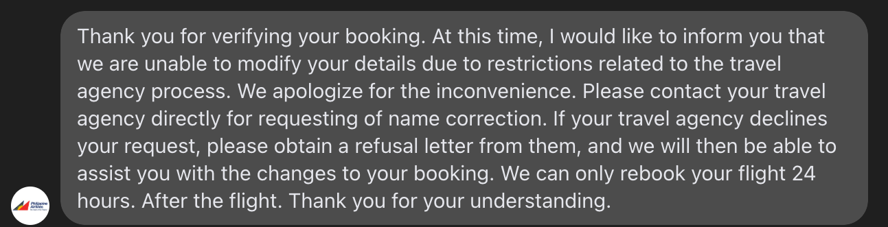 Mensaje del servicio de atención al cliente de Philippine Airlines 1