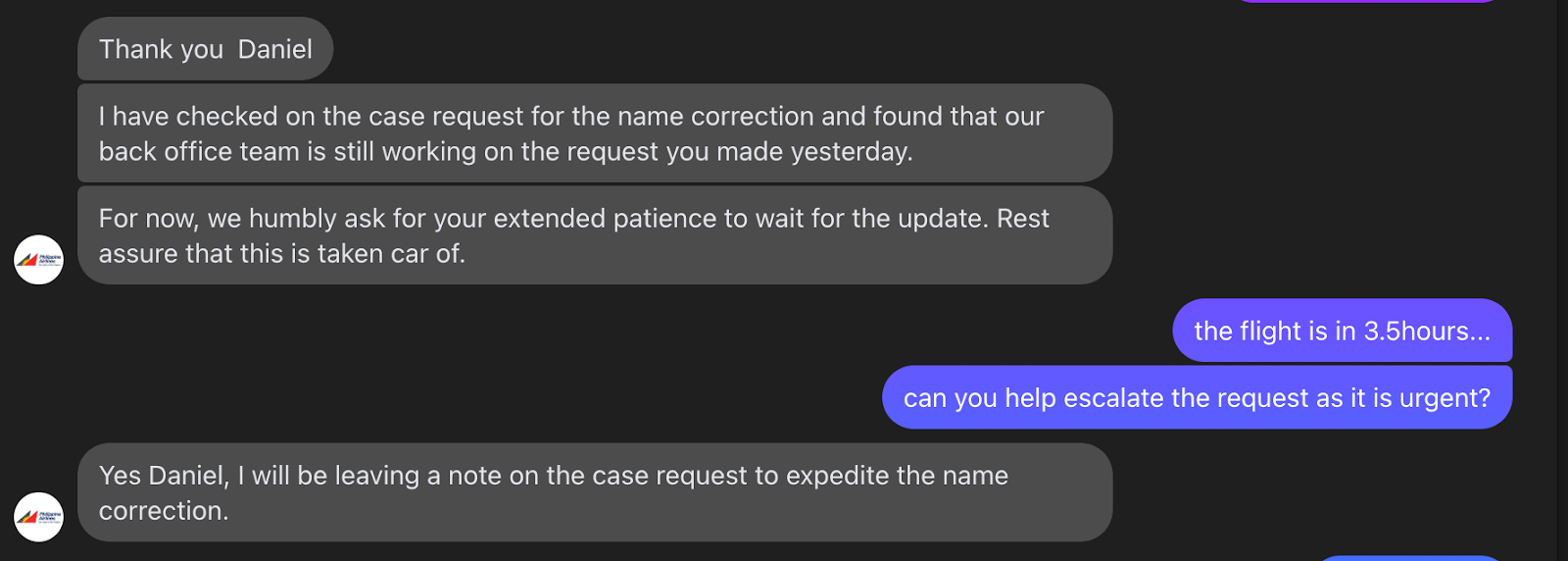 Mensaje del servicio de atención al cliente de Philippine Airlines 10