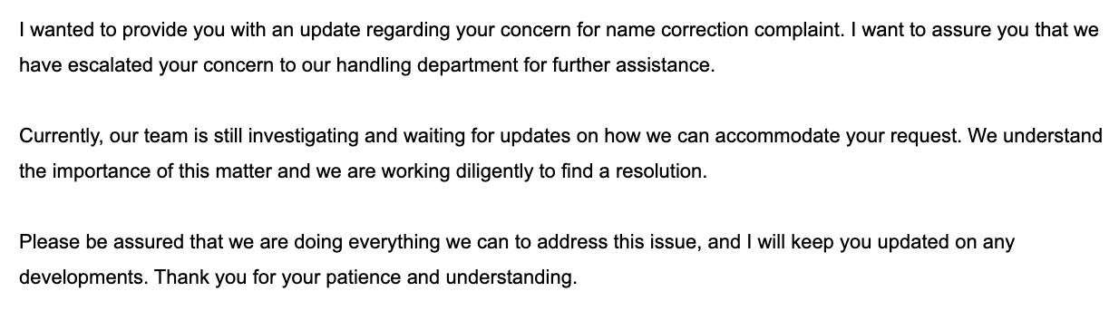 Mensaje del servicio de atención al cliente de Philippine Airlines 14