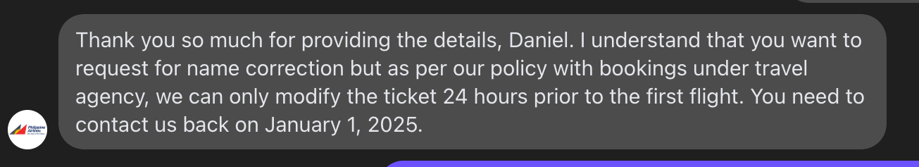 Mensaje del servicio de atención al cliente de Philippine Airlines 2