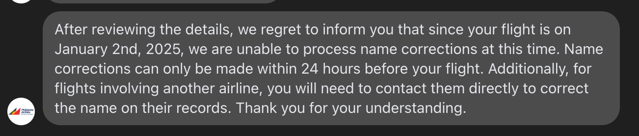Philippine Airlines customer support message 3