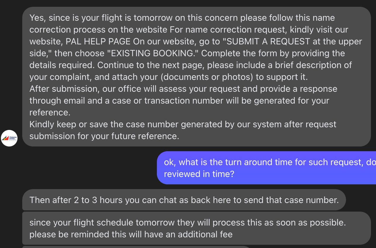 Mensaje del servicio de atención al cliente de Philippine Airlines 4