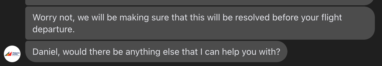Mensaje del servicio de atención al cliente de Philippine Airlines 9